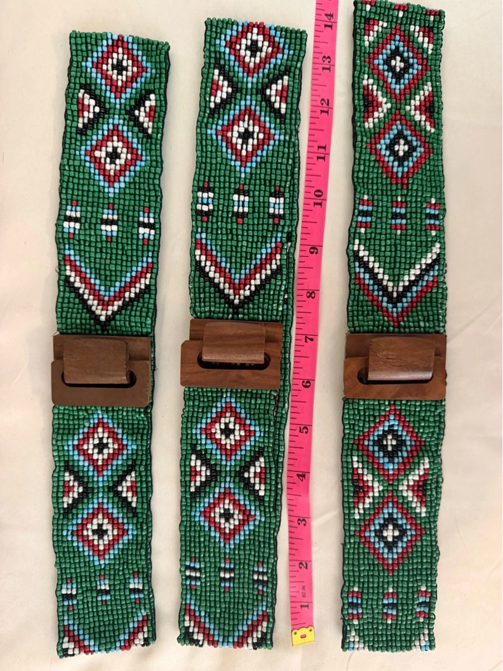 Handcrafted Green Beaded Stretch Waist Belt w/Wooden Hook Buckle. Various Sizes